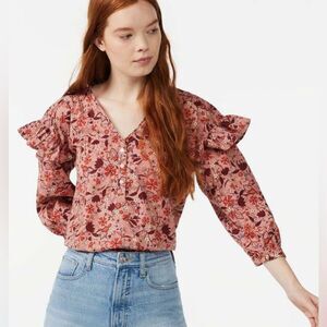 100% cotton pink rose floral oversized ruffle top size XS NWOT